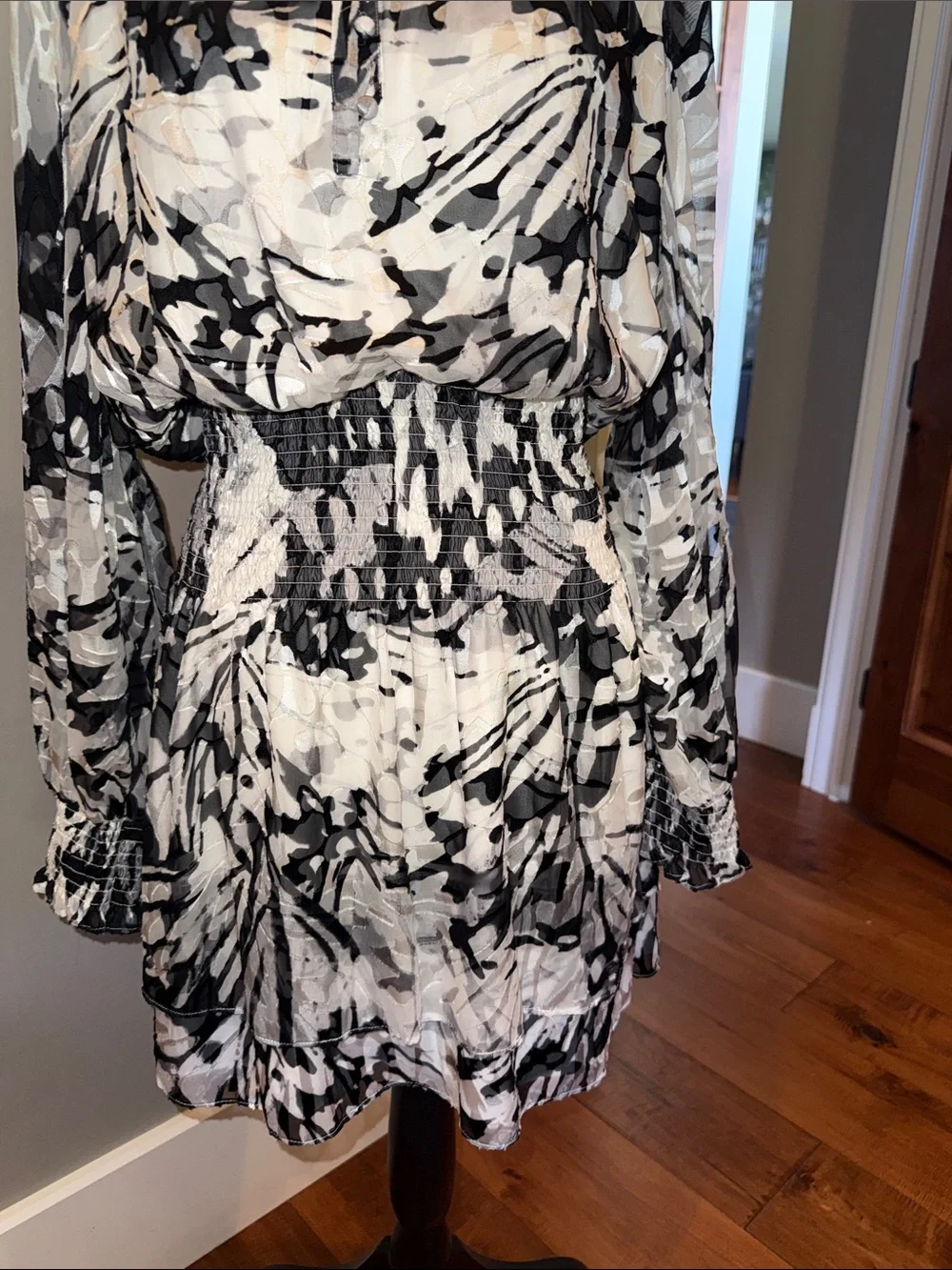 White House black market Women's Black & White Smocked Waist Long-Sleeve Dress